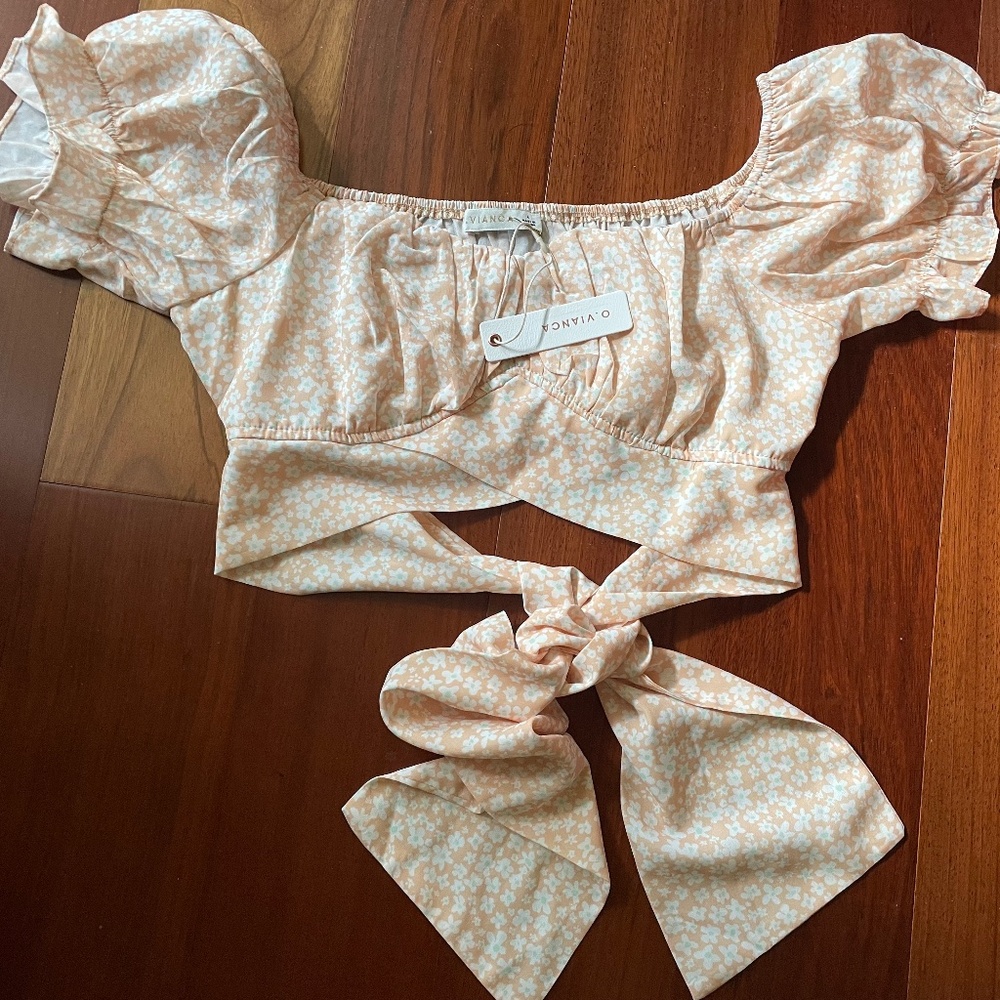 O. Vianca cropped wrap bow tie puff sleeve top, size L, NWT